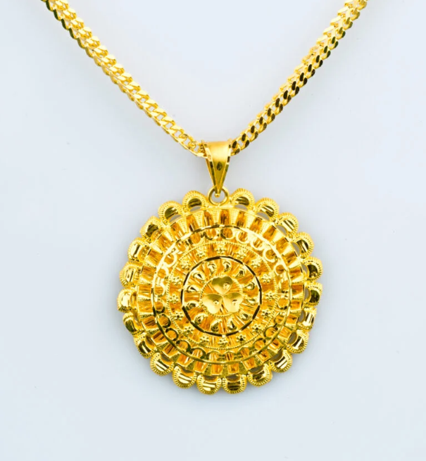 22K Yellow Gold Royal Mandala Circular Pendant with Matching Chain
